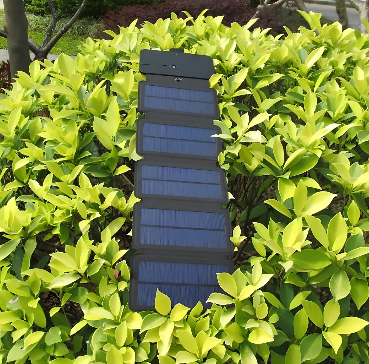 8W folding solar charger with expanded monocrystalline panel showing USB output port