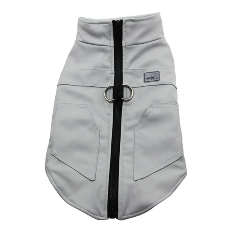 Grey leather winter vest for dogs and cats with casual style and adjustable fit
