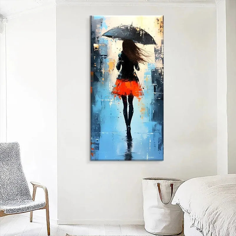 Hand painted modern abstract people walk rain oil painting on canvas wall art
