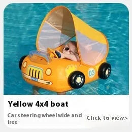 Pink inflatable swimming ring with cartoon sports car design for children's swimming
