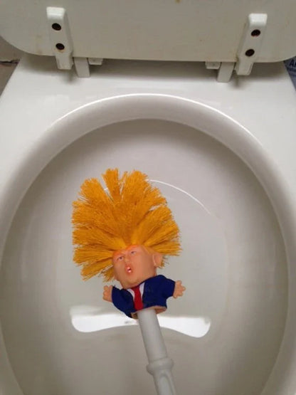 Bright yellow Trump-themed toilet brush with hanging slot