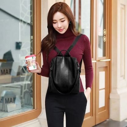 Women's solid color large capacity PU leather backpack with zipper opening