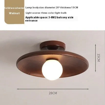 Solid wood ceiling lamp with glass shade in minimalist circular design