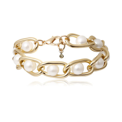 Creative Chain Inlaid Pearl Bracelet in gold, featuring imitation pearls and a modern chain design