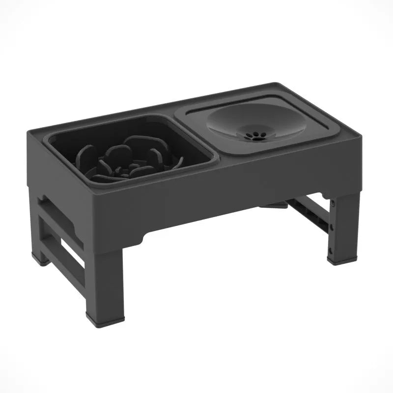 Black adjustable-height dog feeding stand with two stainless steel bowls on a non-slip plastic base.