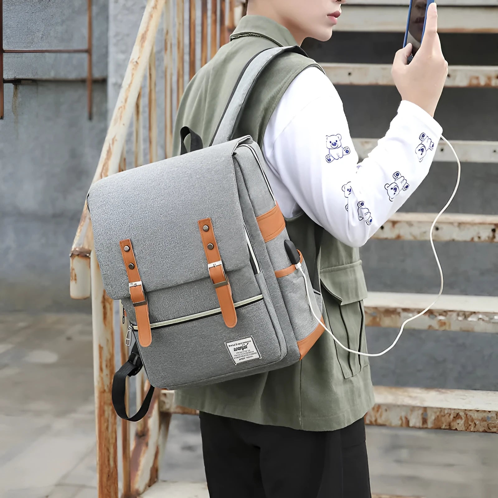 Three-piece business backpack in Oxford cloth with laptop compartment and curved shoulder straps