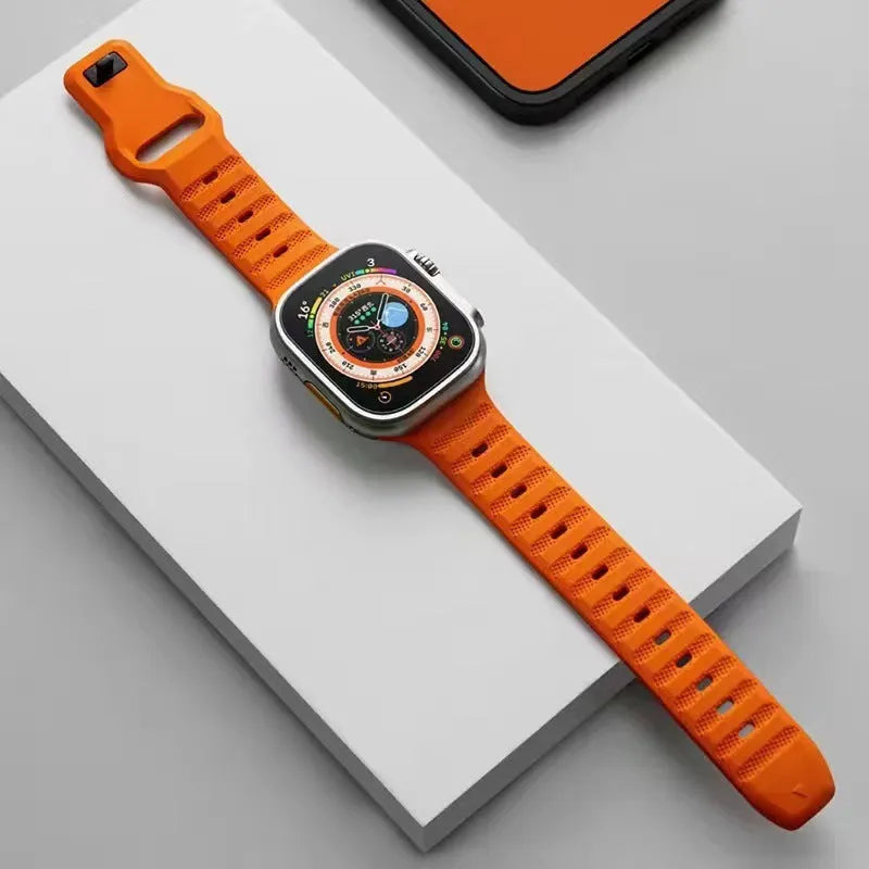 Fluoro rubber Apple Watch replacement strap with T buckle clasp in multiple colours.