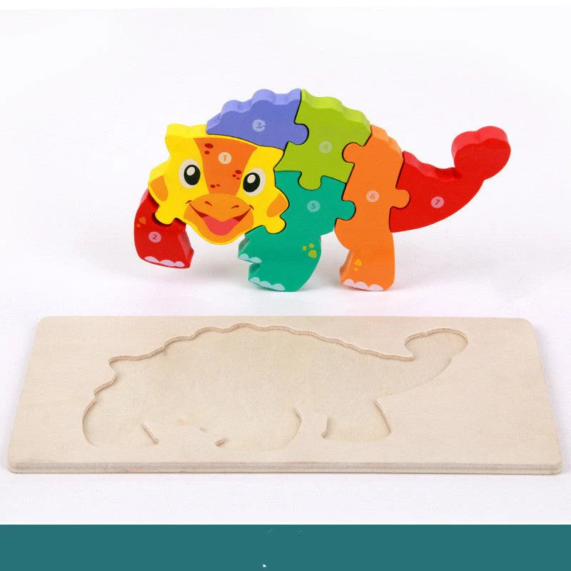 Sustainable wooden dinosaur 3D puzzle set for children, including six different models.