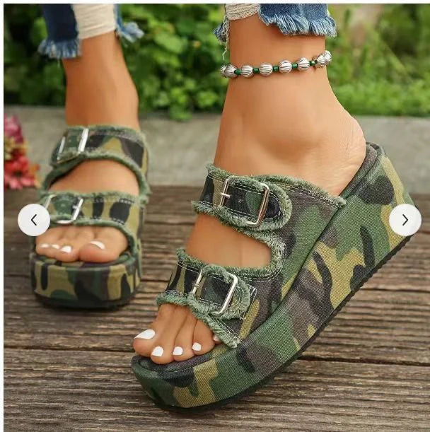 Women's denim buckle wedges sandals with thick bottom in blue, army green, and grey