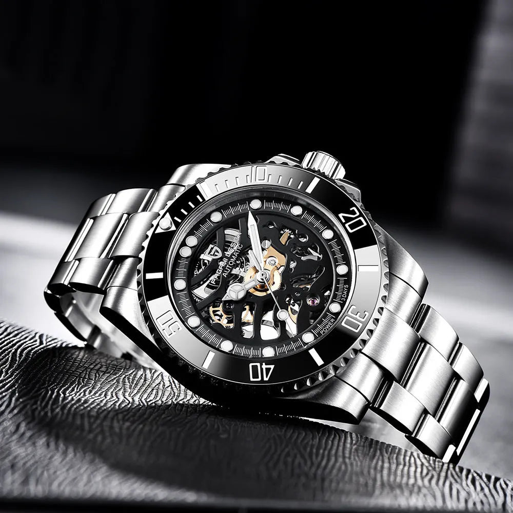 PAGANI steel band mechanical watch with luminous dial showing 43mm diameter