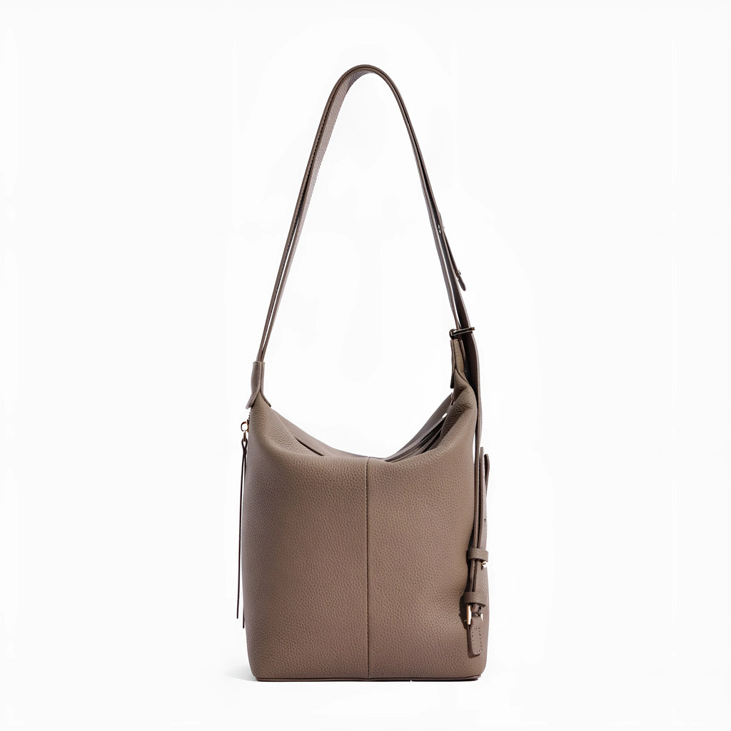 Women's genuine leather bucket bag in elephant grey with shoulder strap and casual bucket styling