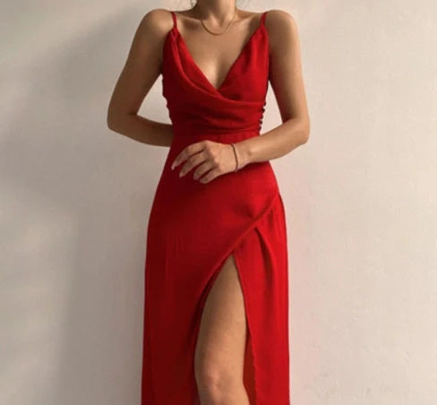 Women's V-neck Slit Sling Dress in various colours for summer fashion