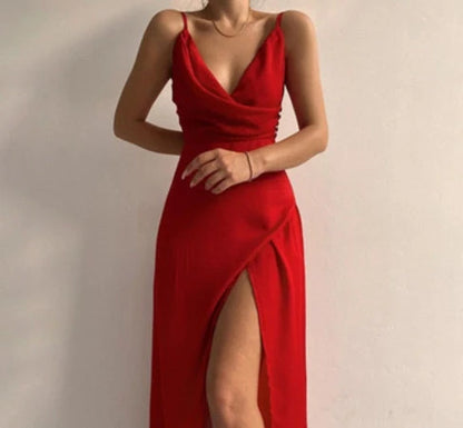 Women's V-neck Slit Sling Dress in various colours for summer fashion