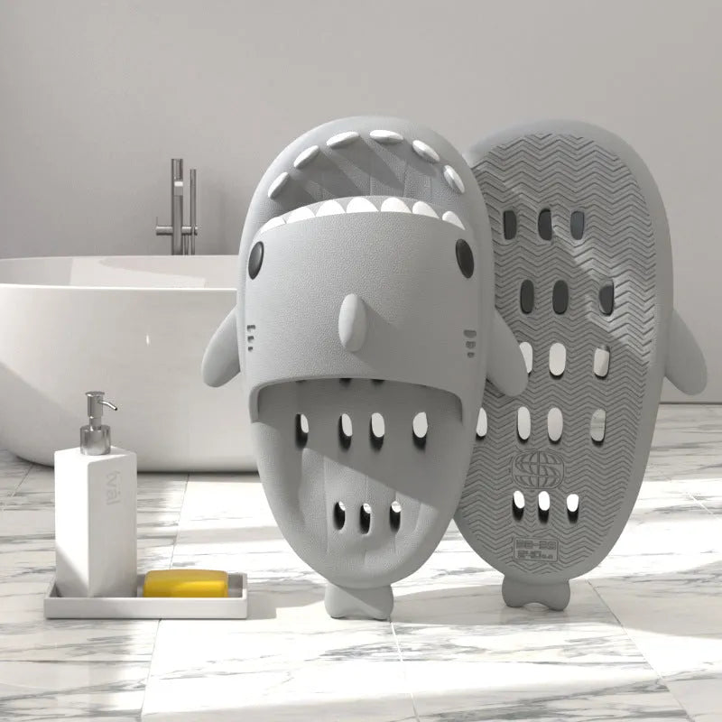 Shark slippers with drain holes, EVA quick-drying pool slides, non-slip sole, open-toe design, unisex shower shoes