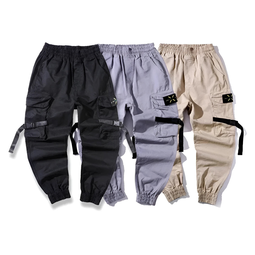 Men's casual cotton cargo pants in black with multiple pockets, available in Asian sizes S to XL