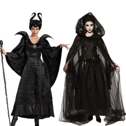 Halloween Maleficent Cosplay Costume Set with dress and cape for females