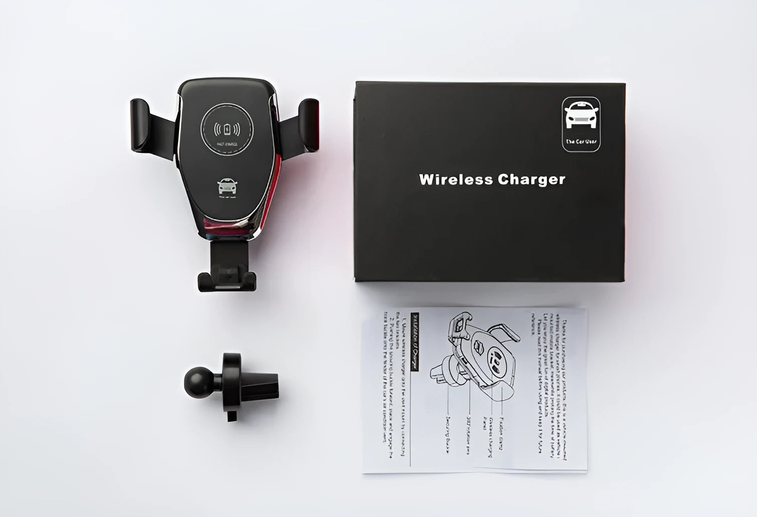 Car wireless charging mount with automatic clamp for iPhone, shown in black on a car dashboard.