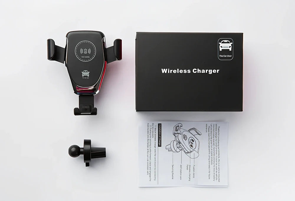 Black 18W Qi wireless car charger with auto gravity arms clamping iPhone on vent mount