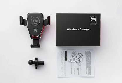 Black 18W Qi wireless car charger with auto gravity arms clamping iPhone on vent mount