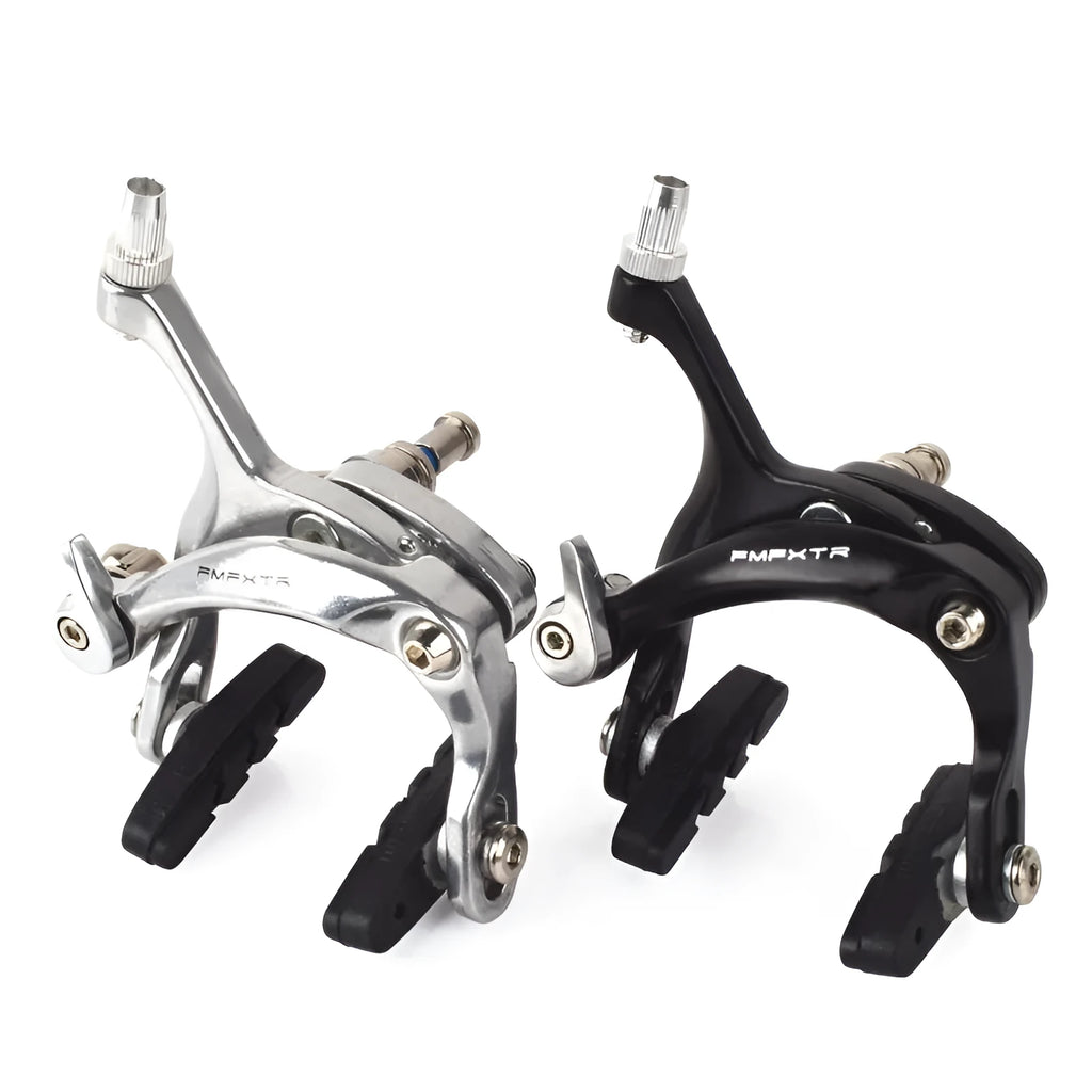 A pair of U-shaped metal bicycle road clamps for brake system modifications, shown in black and silver finish options.