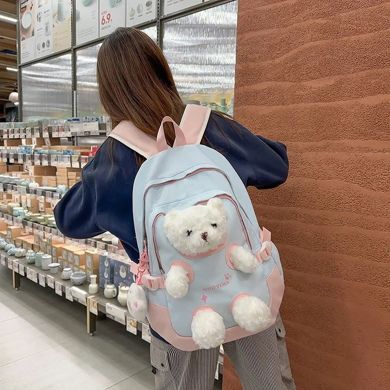 Cute bear-themed nylon school backpack with curved shoulder straps in macaron colour options.