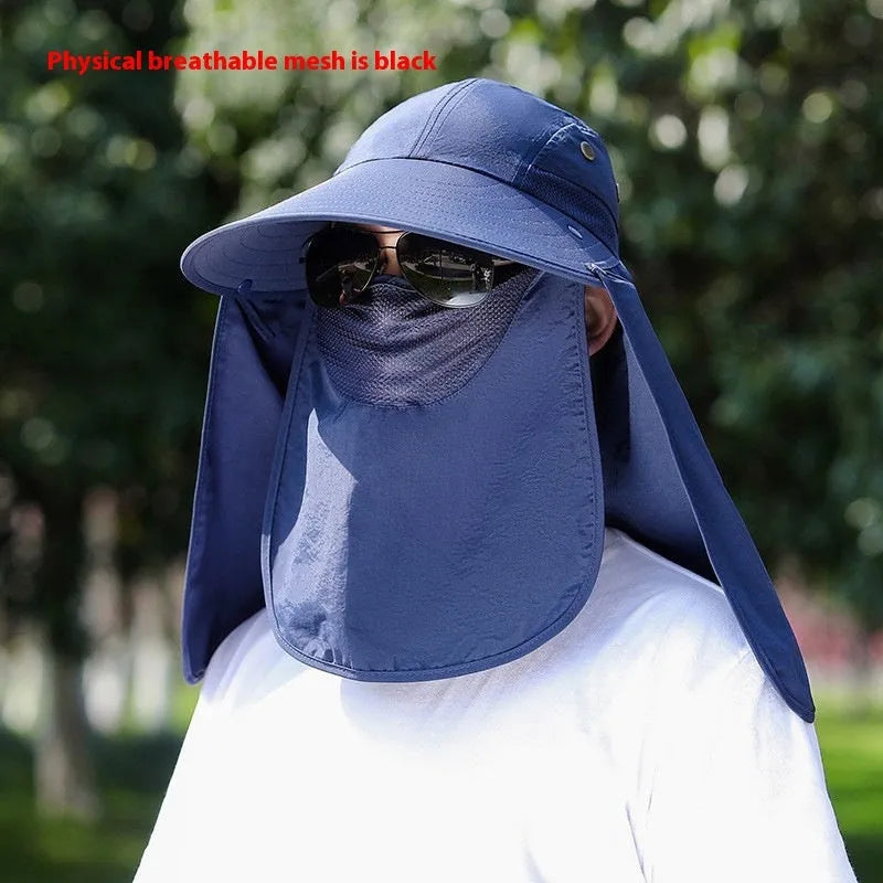 Man wearing a khaki sun hat with a built-in USB-rechargeable fan for face and neck protection.