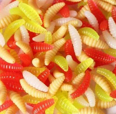 50 artificial maggot fishing lures showing segmented body design and colour variations