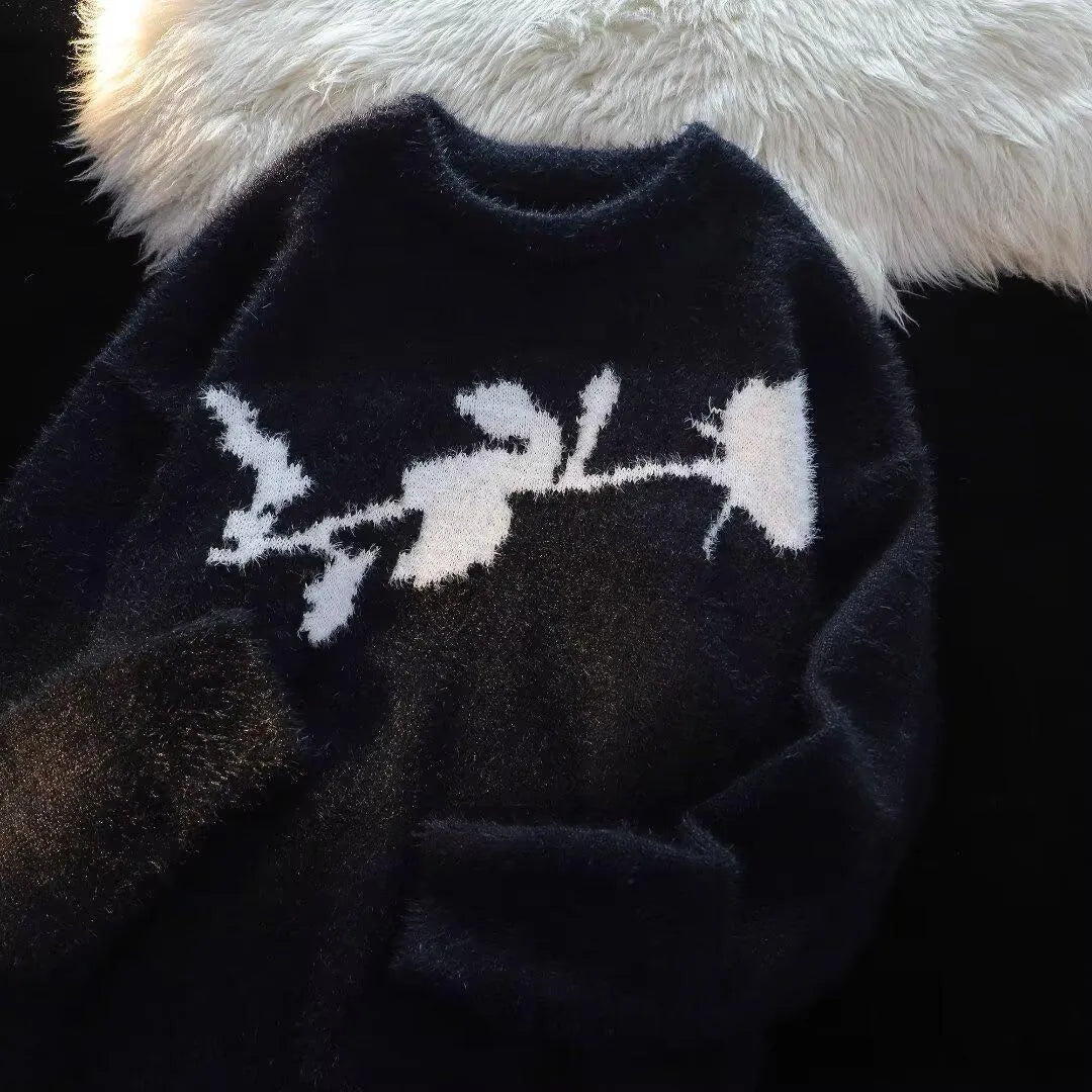Men's dark rose flocking horse print on a black long sleeve cotton blend pullover sweater