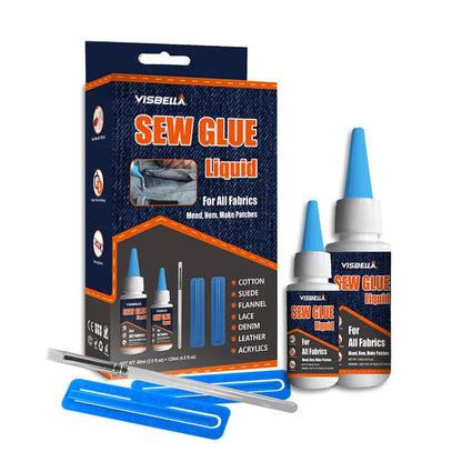 Clothing repair glue kit with two bottles of glue, two fixing clips, and one pen for easy fabric repairs