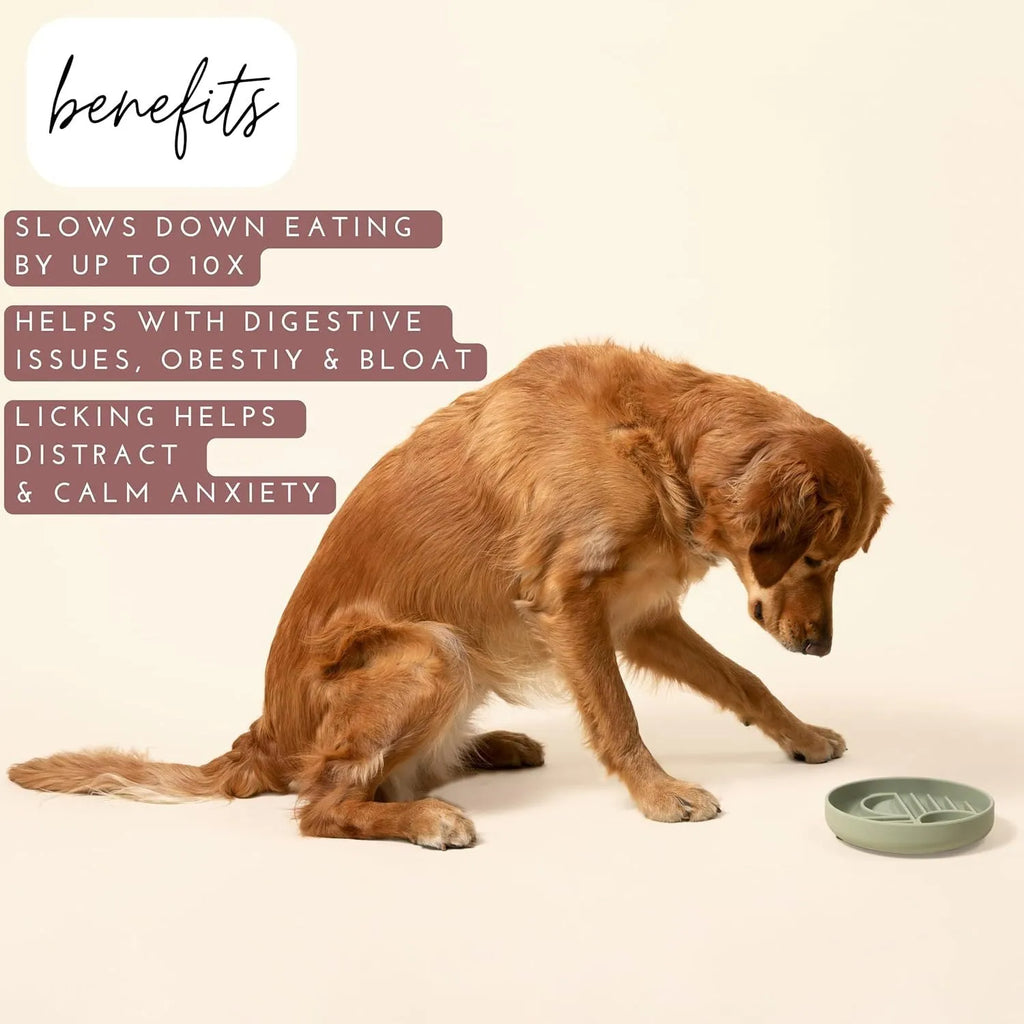 Beige silicone slow feeder dog bowl with ridge pattern for slow eating and lick mat use.