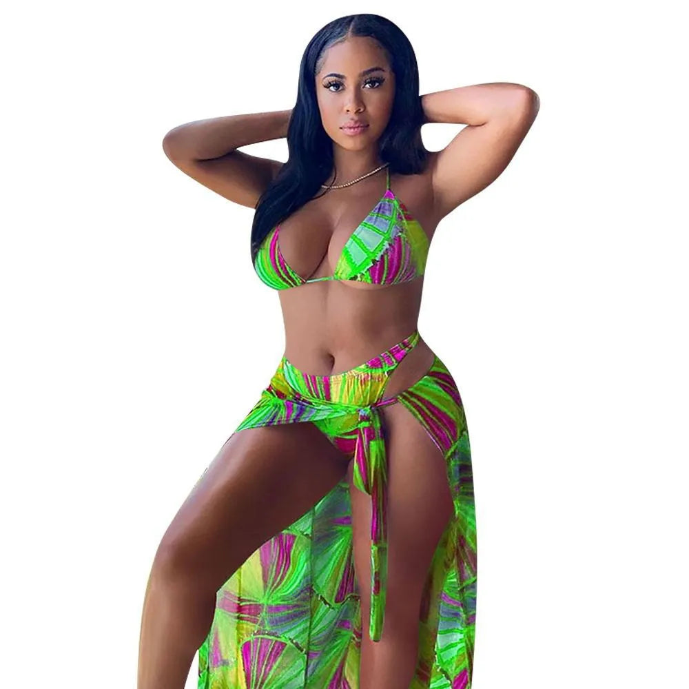 Split swimsuit bikini three-piece floral gradient print nylon women beach swimwear green orange red