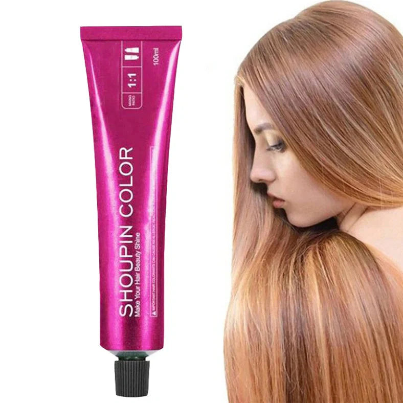 Ammonia-free hair dye 100ml tube with colour chart showing 40+ shades including WG75 cold brown and C5-66 purple