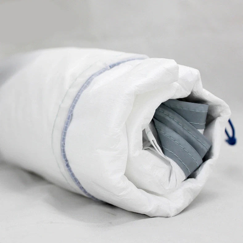 White rectangular camping sleeping bag made from DuPont TYVEK material showing 230cm length dimensions