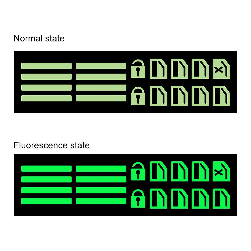 Car window luminous key sticker in PET material with strong adhesion, available in Blue, Green, and Orange for glow-in-dark use on window buttons