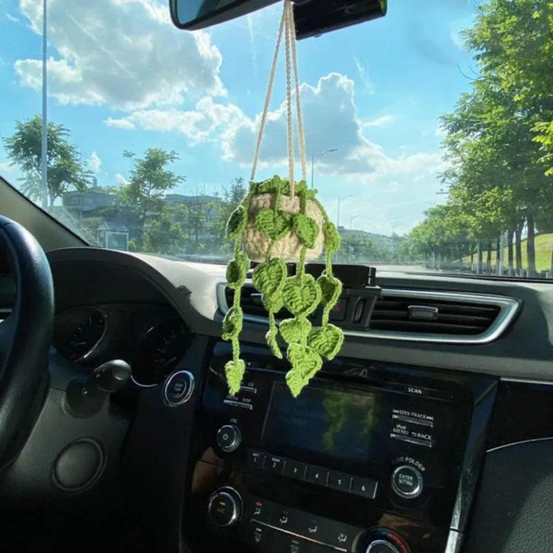 Green and white knitted wool car dashboard plant ornament with hanging rope