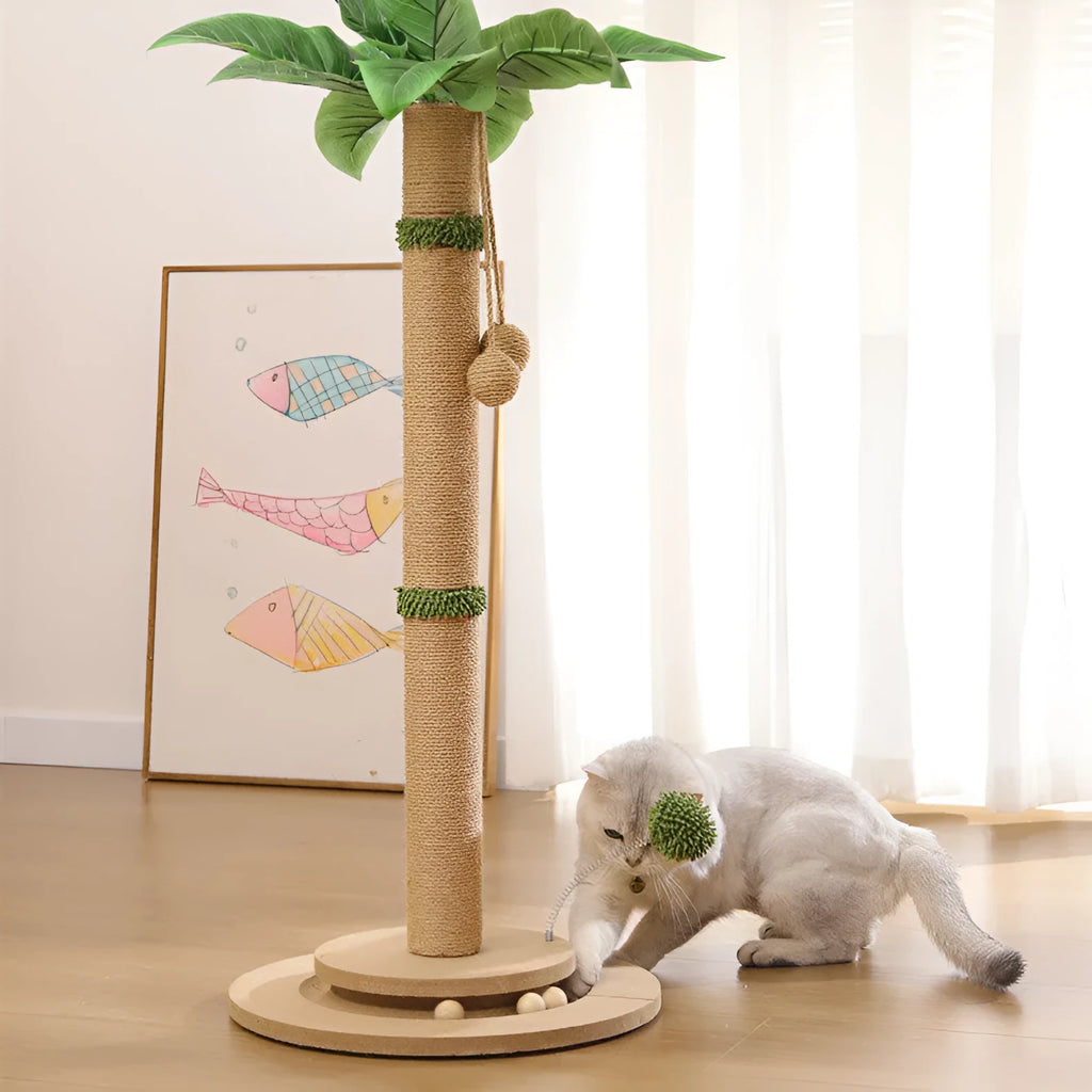 Vertical cat climbing frame with hemp rope scratching posts on a density board structure, in a canna colour.