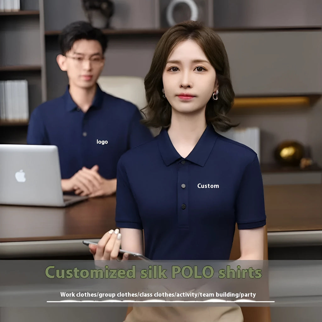 Thin cotton polo shirt style overalls for men and women on a hanger, shown in a blue colour.