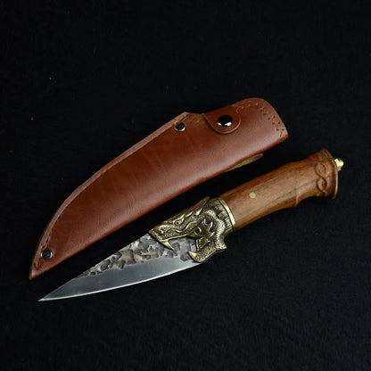 Hand-forged slicing knife with rosewood handle and leather case