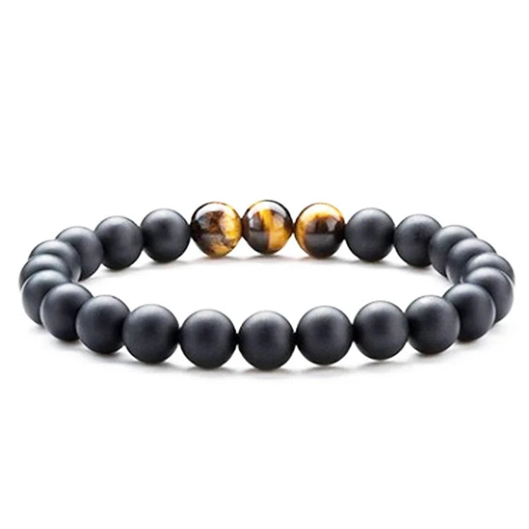 Tiger Eye Couple Bracelets with matte black agate beads, modern geometry design