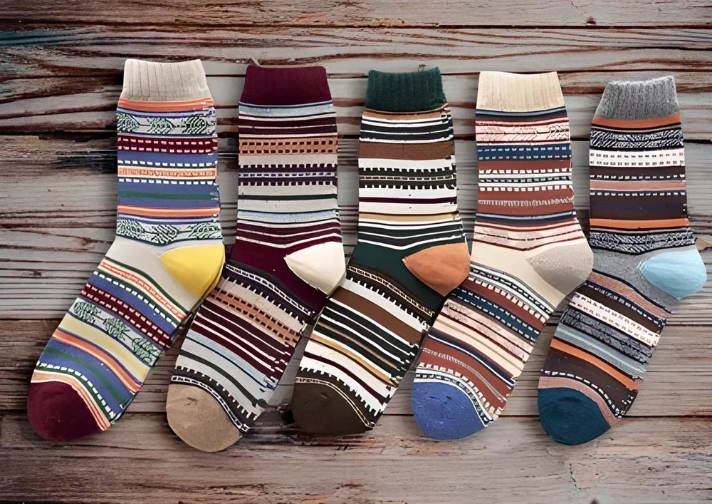 Pack of 5 thick stripe wool blend socks in various colours, featuring 15% rabbit hair for winter warmth, fitting sizes 39-42