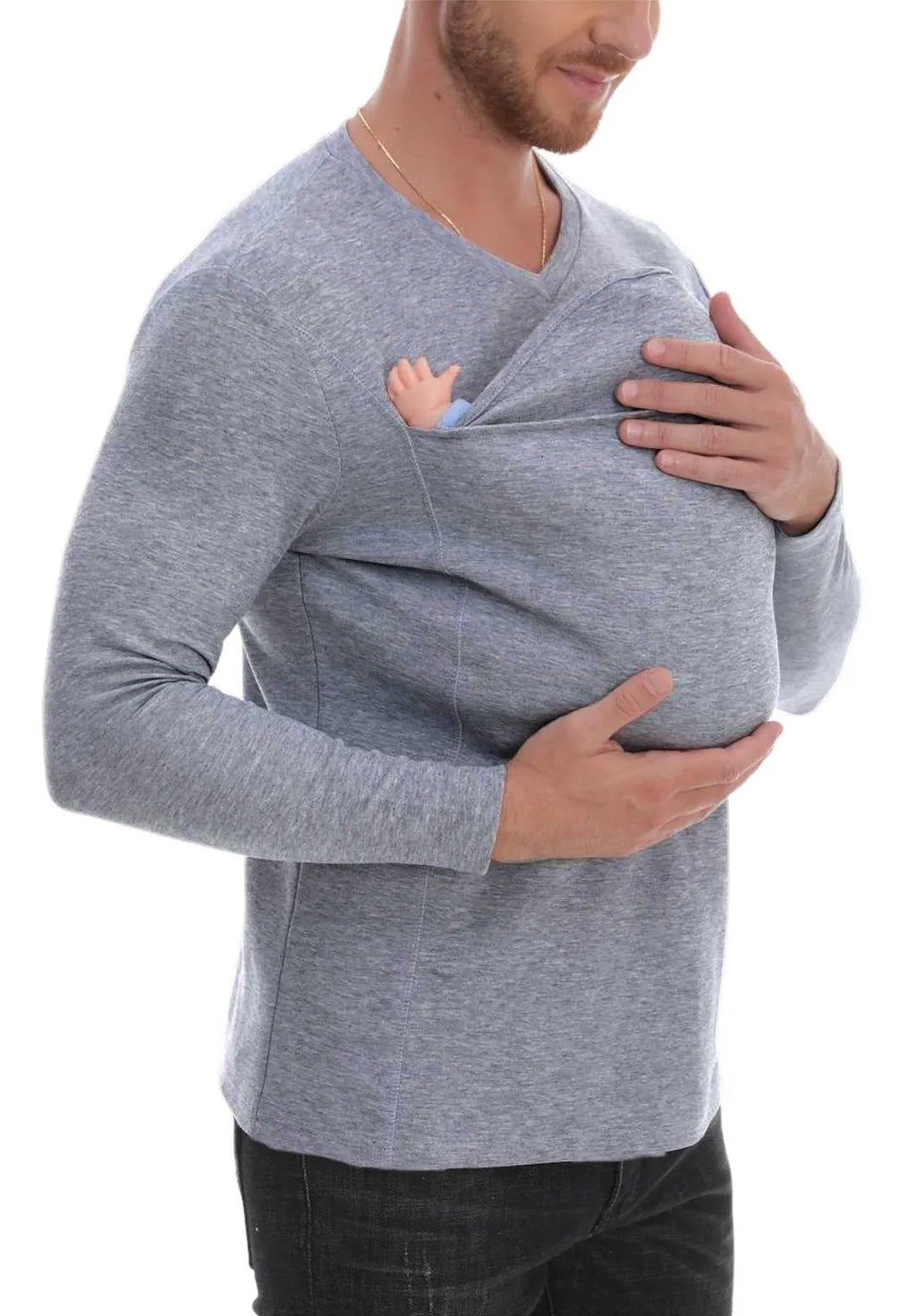 Kangaroo Dad pure cotton long sleeve T-shirt in gray, solid colour spliced design pullover