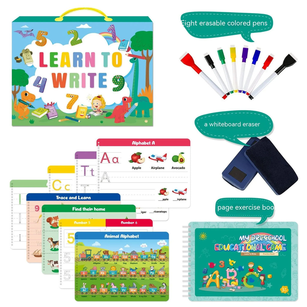 Montessori handwriting practice book with erasable pens and reward stickers in gift box packaging