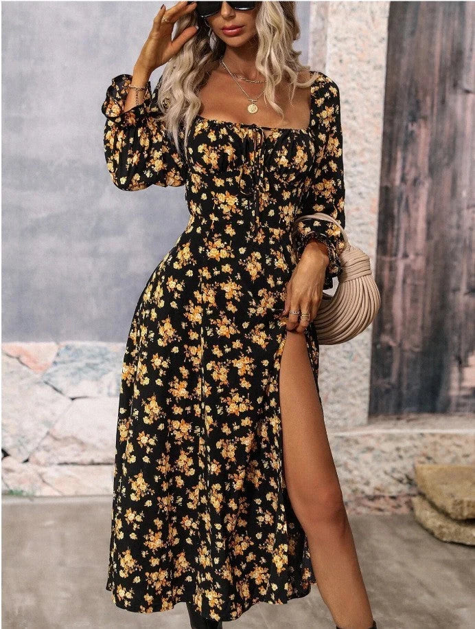 Floral print long sleeve dress with square neck and bottom slit in various colors