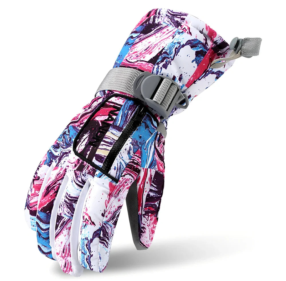 Black ski gloves with diamond-shaped anti-slip palm material for grip and durability, sizes S to XL available