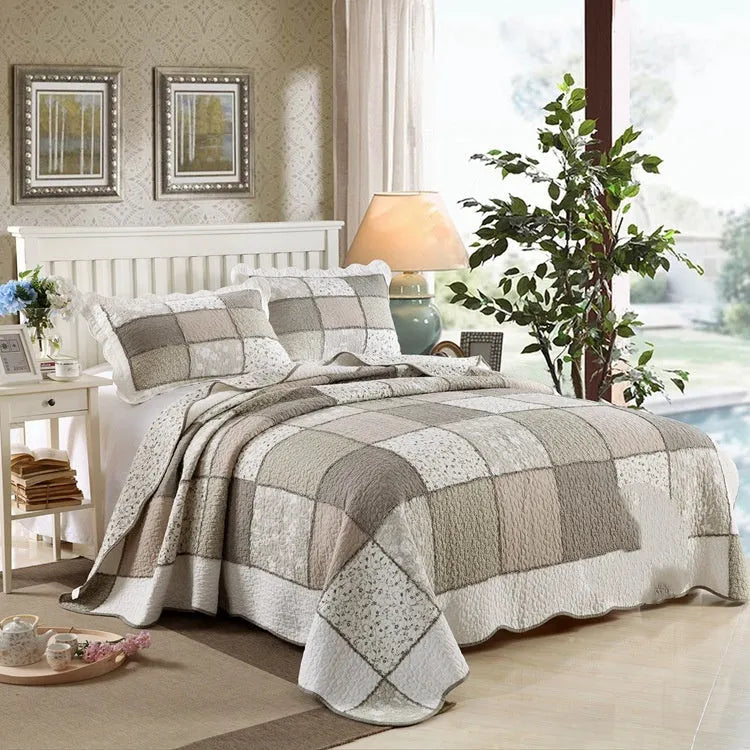 Korean style pure cotton quilted bedspread and two pillowcases in a three-piece bedding set.