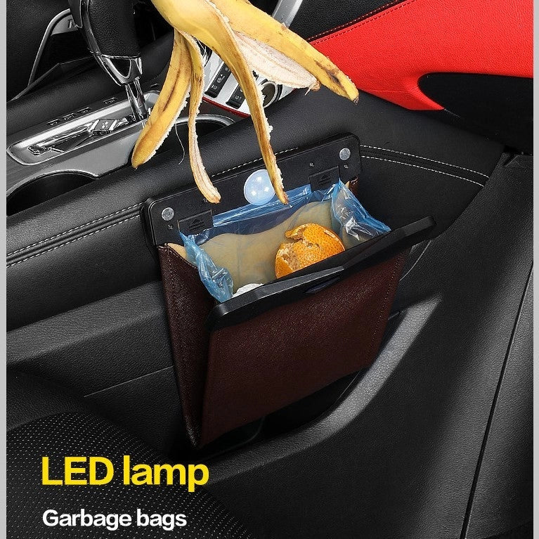 LED Car Trash Can Organizer with leather accents and colour steel baking paint