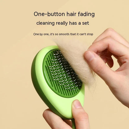 Avocado-shaped dual-functioning pet grooming brush with massage and deshedding capabilities for healthy, shiny coats