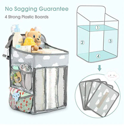 Versatile baby crib organiser bag with polyester construction, sturdy partition walls, and multiple hanging options for Kiwi parents