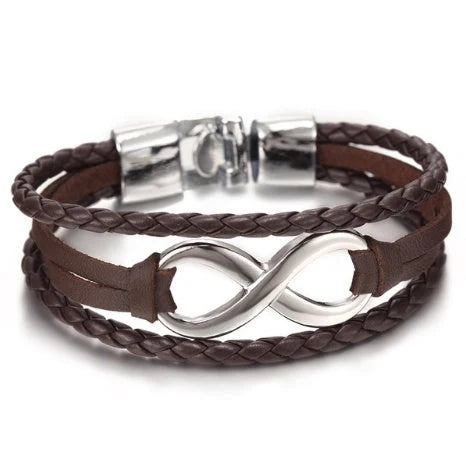 Lucky figure 8 leather bracelet in geometric design available in black, brown, and black with accessories