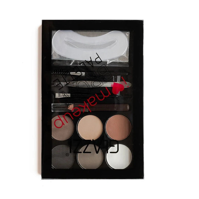 GLAZZI eyebrow palette with six shades, stencils, and brushes for perfect eyebrows